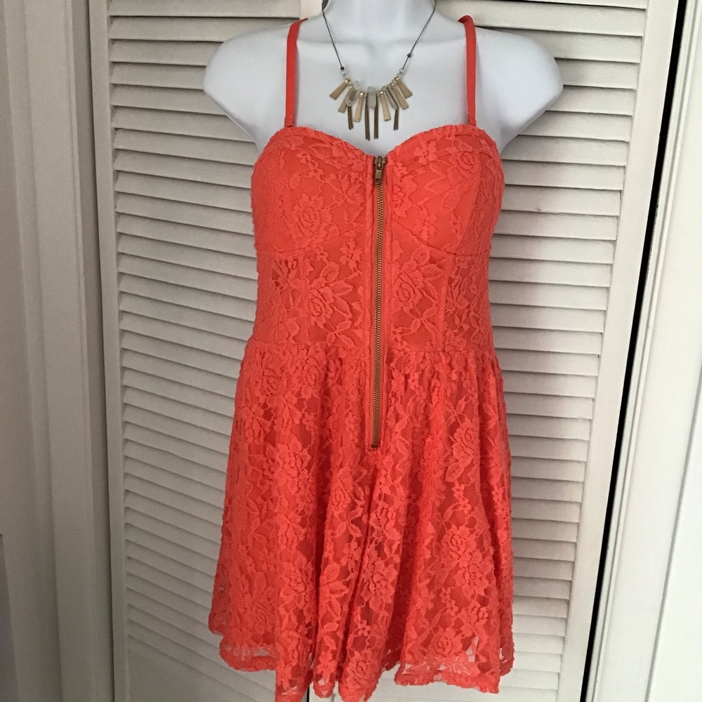 MATERIAL GIRL CORAL SHORT LACE ROMPER DRESS L NWOT